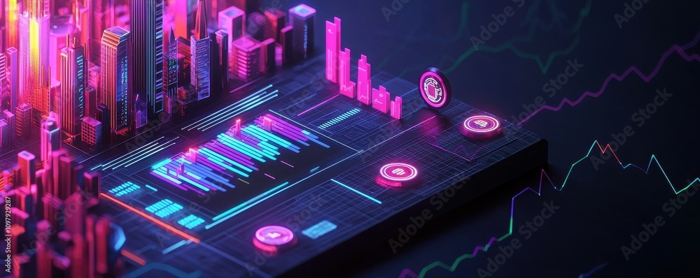 Poster a futuristic data visualization interface featuring vibrant colors and graphs, representing digital 