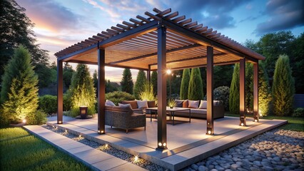 Modern Freestanding Outdoor Pergola with Steel Structure and Wooden Details on a Stone Patio, Ideal for Relaxation and Entertaining in a Beautiful Outdoor Setting