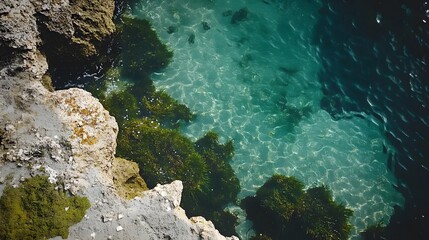 Obraz premium Aerial view of clear turquoise water with rocky shoreline and seaweed.