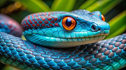 Fototapeta premium Vibrant blue snake with orange eyes close-up