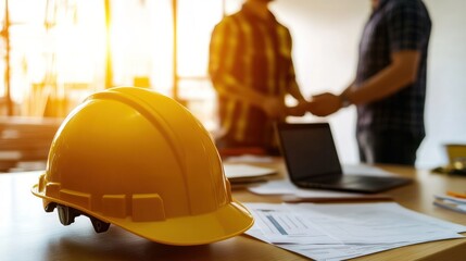 polished wooden desk, surrounded by documents and a laptop. In the background, two construction workers
