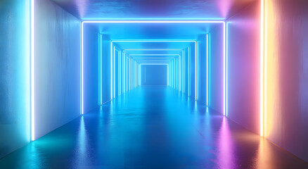 3d room asymmetrical endless room, dark blue tunnel made of gradient colors, mirror walls, strong rectangle neon lines, primary colors are white, blue, and light blue glowing light, minimalistic.