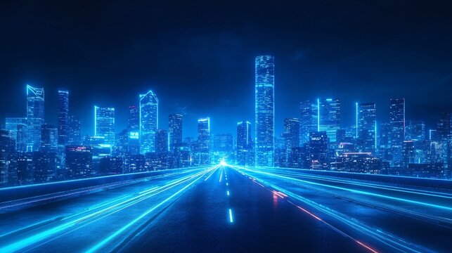 tron legacy, blue neon light ambience city, long wide road, wide perspective angle