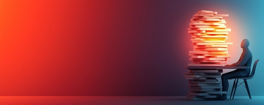 Burnout at the desk concept, A person sitting at a desk, surrounded by a glowing stack of papers, symbolizing work, stress, or information overload against a gradient background.