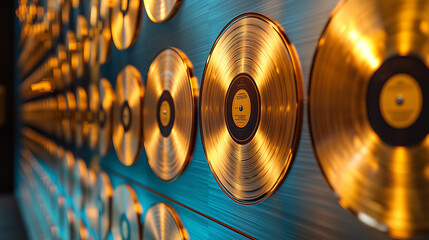Captivating arrangement of vintage vinyl records in vibrant shades, displayed artistically on a blue wall in a cozy music studio.