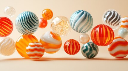 Fototapeta premium Colorful striped spheres float against a beige background.