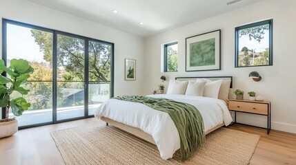 Fototapeta premium wide ange view of a modern, cozy bedroom with a minimalist design, featuring a large bed with white linens and a greenish beige throw blanket. generative ai