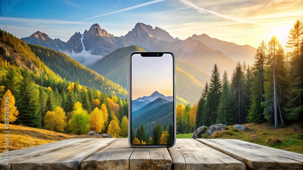 Poster modern minimalist mockup of a cell phone with blank screen in a scenic landscape setting, ideal for 