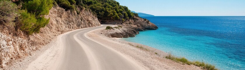 Obraz premium A winding coastal road curves alongside a vibrant blue sea, surrounded by lush greenery and rocky cliffs under a clear sky.