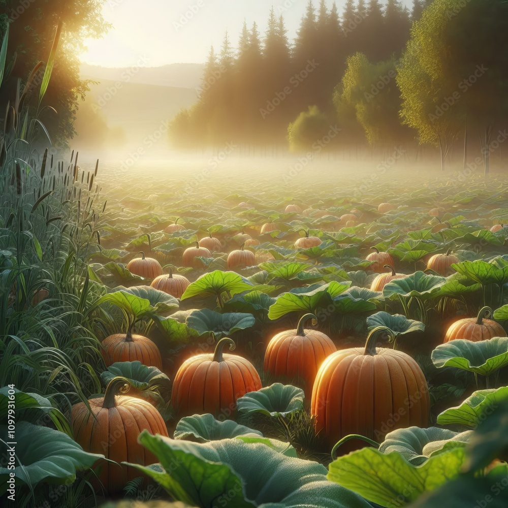 Poster a vast pumpkin field is enveloped in morning fog, bordered by tall trees and reeds. the soft light o