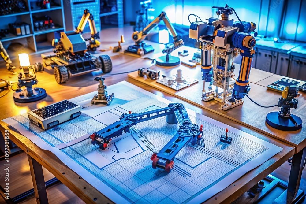 Poster modern robotics workshop with blueprints: a detailed portrait of innovative technology and design, s