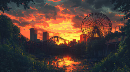 Abandoned theme park overgrown with vines, with rusted roller coasters, broken ferris wheel, and a haunting sunset, anime style, wallpaper