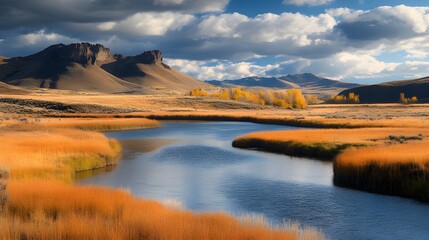 Obraz premium Serene autumn landscape with golden reeds by a peaceful river under a blue sky.