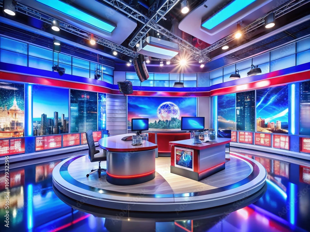 Poster modern tv news studio with anchor desks and cameras in dynamic layout capturing the essence of broad