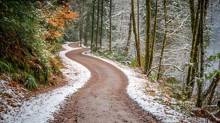 Fototapeta premium Winding path through a snowy forest landscape, showcasing winter's beauty.