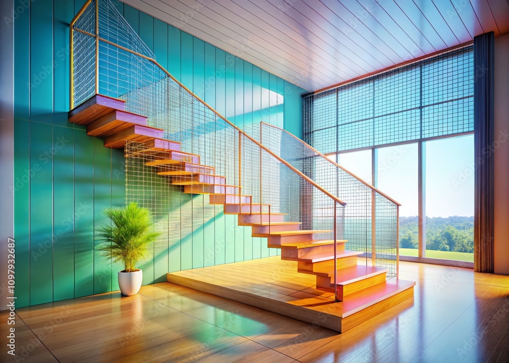 Poster modern wireframe staircase steps in interior design with copy space for creative use