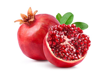 Fresh ripe pomegranate with cut in half isolated on white background.