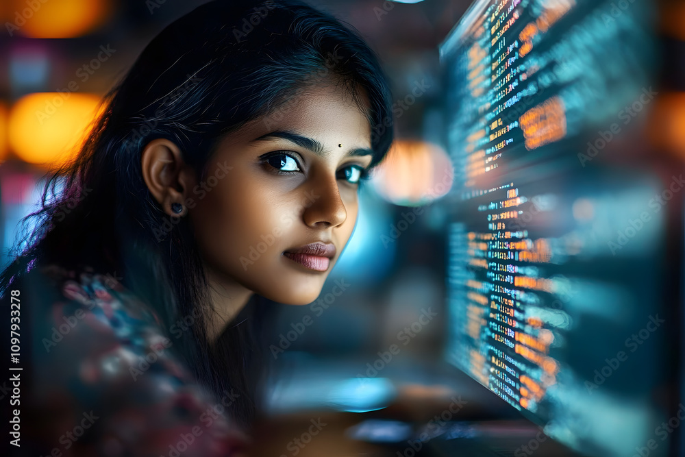 Poster indian woman working as a software developer. female developer with a laptop, lines of code on a com