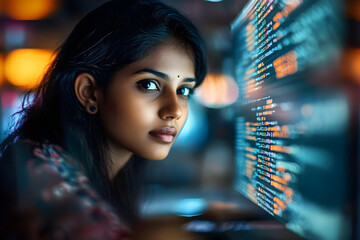 Indian woman working as a software developer. Female developer with a laptop, lines of code on a computer screen blurred. Generative AI.