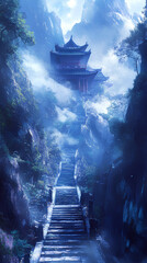 Ancient Japanese temple on a misty mountain, with tall stone steps leading up and clouds drifting around, anime style, wallpaper