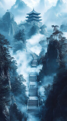 Ancient Japanese temple on a misty mountain, with tall stone steps leading up and clouds drifting around, anime style, wallpaper