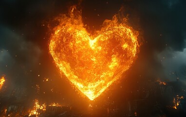 Fiery Heart Shape Erupting from Flames in a Dramatic Glowing Scene, Symbolizing Passion and Intensity Amidst a Chaotic Backdrop of Fire and Smoke