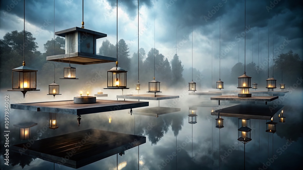 Poster mysterious floating platforms in a dark gray atmosphere: captivating depth and enigmatic serenity fo