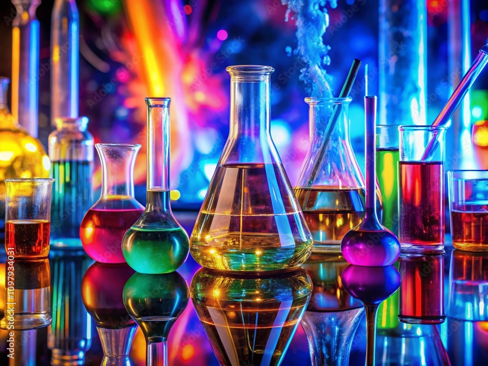 Poster mysterious laboratory experiment with enigmatic chemical reactions and magical liquids in a scientif