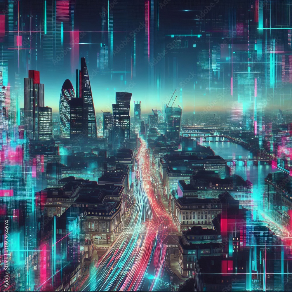 Aufkleber digital glitch a distorted image of a cityscape layered with pix