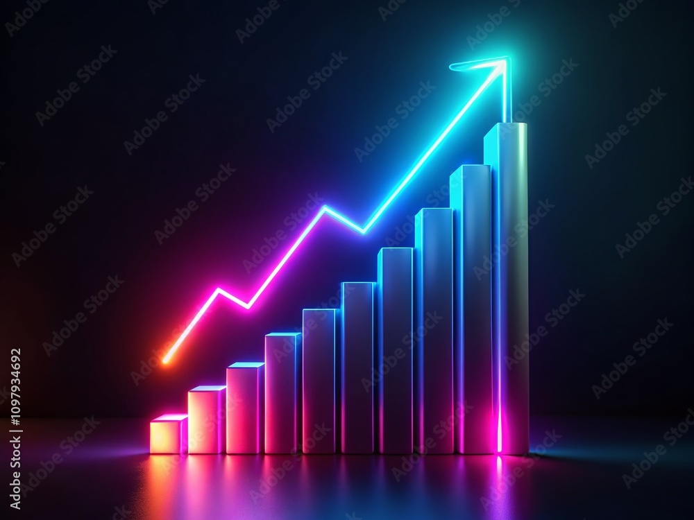 Poster neon bar chart with upward arrow on dark background - symbolizing growth and progress in low light p