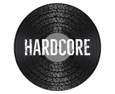 Text HARDCORE on a vinyl record background. Ready banner, icon for business, store or website. All on a white background. More useful music names in portfolio.
