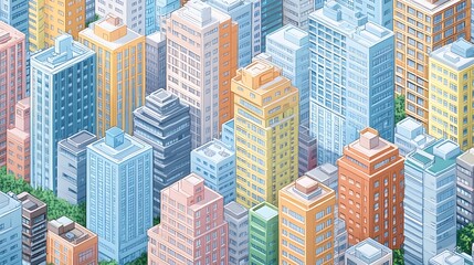 Fototapeta premium Vibrant city skyline illustration filled with colorful buildings and greenery.