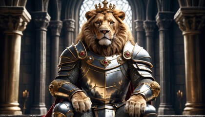 Obraz premium Illustration portrait of a lion wearing medieval knight plate armor and a crown on his head to represent strength