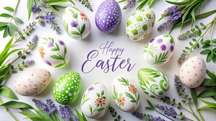 Obraz premium Happy Easter eggs with floral wreath