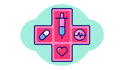 Obraz premium A flat medical cross icon with smaller icons inside it, including a pill, syringe, and heartbeat monitor, set on a white background with soft medical symbols in the corners