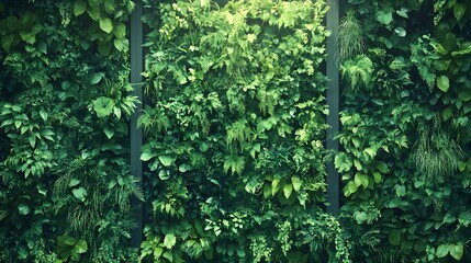 Fototapeta premium Lush green vertical garden filled with diverse foliage and vibrant plant life.