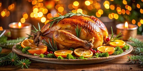 Night Photography of a Roasted Turkey with Orange Slices and Fresh Herbs on a White Plate, Perfectly Styled for a Festive Dinner Scene Under Soft Candlelight