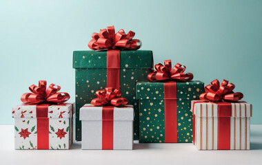 Obraz premium Christmas Gift Boxes Wrapped in Colorful Wrapping Papers on White Background, Christmas Holiday Festive concept.