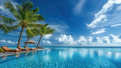 Fototapeta premium Tranquil Paradise: Palm Trees, Pool, and Azure Sky