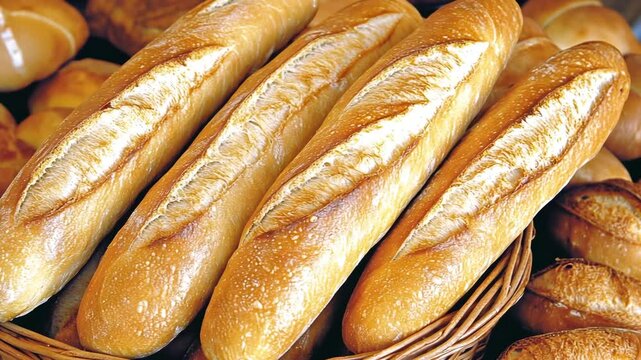 Golden-brown baguettes in a wicker basket, freshly baked bread.