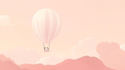 Fototapeta premium Couple flying on hot air balloon over pink mountains at sunset