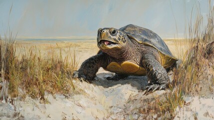 Turtle Crawling on Sandy Beach Under Clear Sky