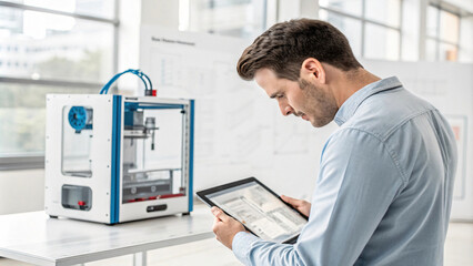 man using tablet to control 3D printer in modern workspace. scene showcases technology and innovation in manufacturing