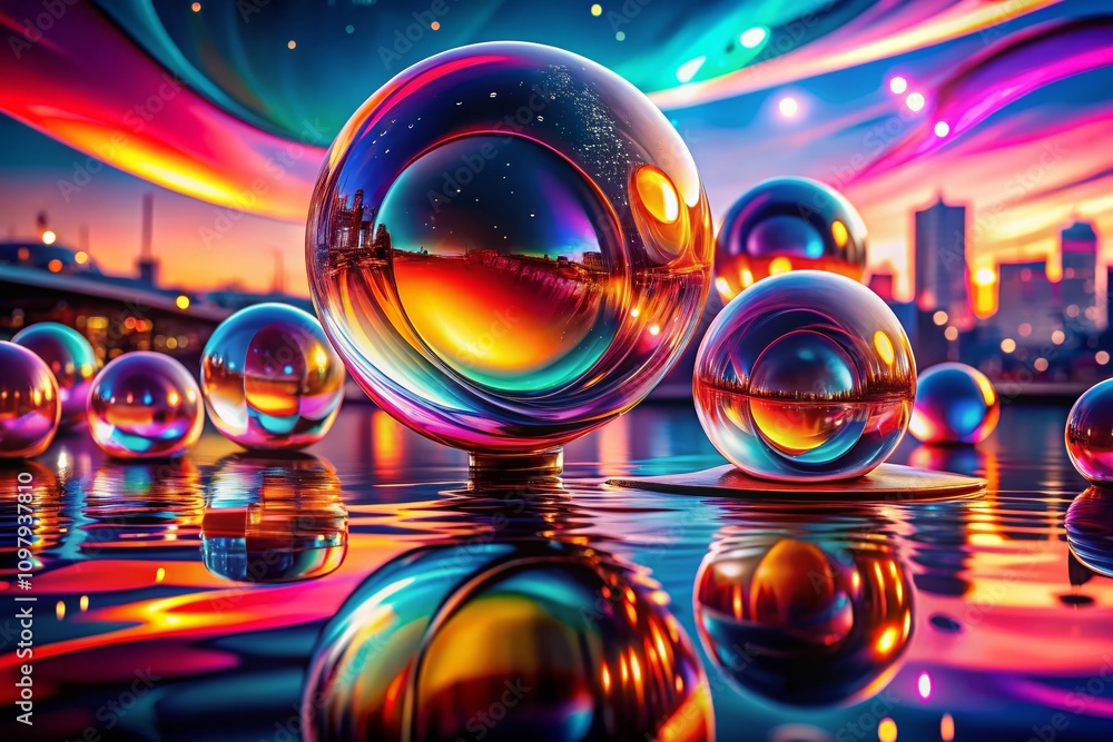 Poster night photography of glossy liquid shapes with reflective effects in a vibrant color palette, creati
