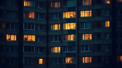 A close-up shot of a tall apartment building at night, showcasing the warm glow of the windows illuminating the dark facade. The image symbolizes urban life, community, home, and the rhythm of daily l