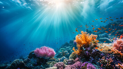 Fototapeta premium Vibrant Coral Reef Underwater Scene with Sunlight Rays Illuminating Colorful Marine Life and Spectacular Corals in Crystal Clear Ocean Waters