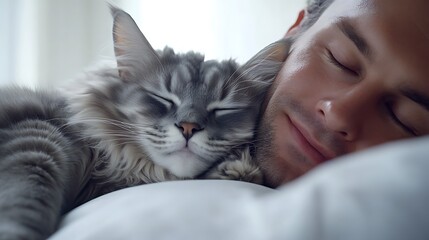 Man sleeping peacefully with cat on pillow, sweet dreams