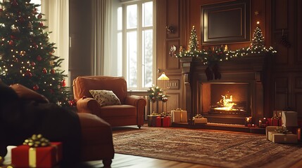 Cozy living room decorated with Christmas tree and fireplace background for document