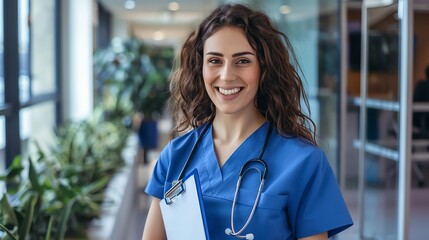A smiling female nurse with curly brown hair stands in a hospital hallway holding a clipboard and wearing a stethoscope.