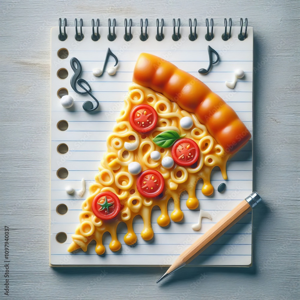 Poster pizza notes pizza slice shaped with cheese and topping designs